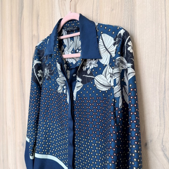 Zara Womens Mixed Print Blouse Size M Blue Floral Polka Dot Button Up Shirt Boho - Picture 6 of 8